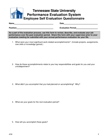 Employee Self Evaluation Questionnaire Form Template