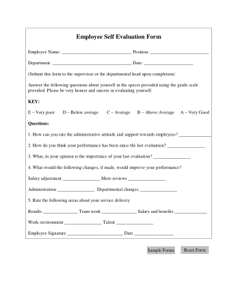 Sample Employee Self Evaluation Form Template
