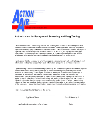 Authorization For Background Screening And Drug Testing Template