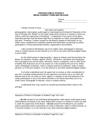 Chicago Public Schools Media Consent Form and Release Template