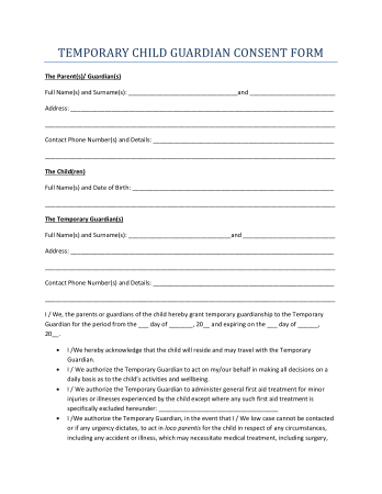 Child Guardian Temporary Medical Consent Form Template