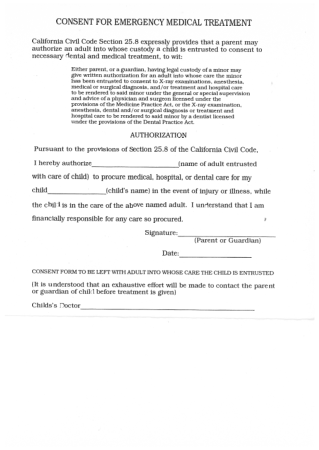 Consent For Emergency Medical Treatment Form Template