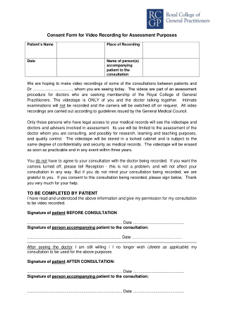 Consent Form for Video Recording for Assessment Purposes Template