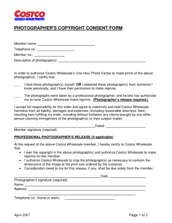 Costco 1 Hour Photo Copyright Release Form Template