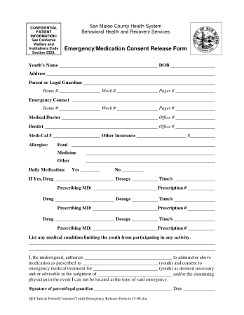 Emergency and Medication Consent Release Form Template