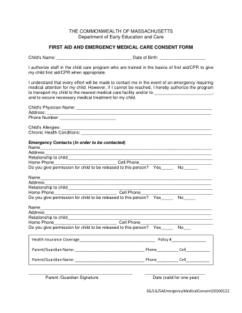 First Aid Emergency Medical Care Consent Form Template