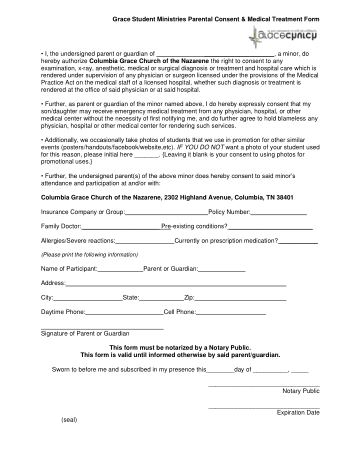 Grace Student Ministries Parental Consent and Medical Treatment Form Template