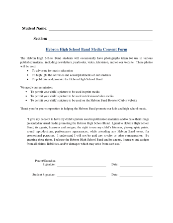 High School Band Media Consent Form Template