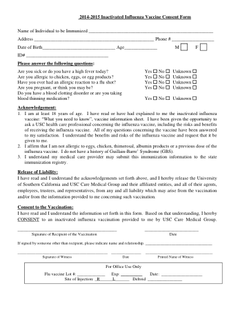 Inactivated Influenza Vaccine Consent Form Template