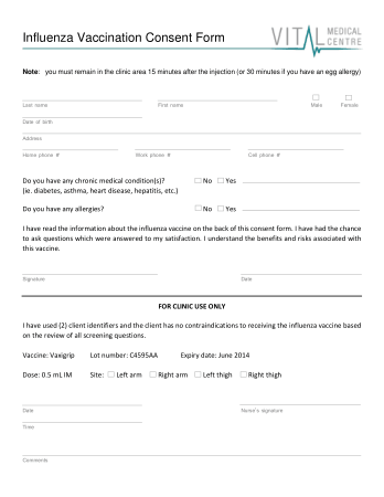 Influenza Vaccination Consent Form Sample Template