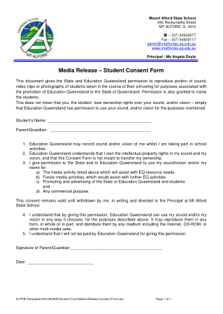 Media Release Student Consent Form Template