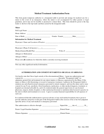 Medical Treatment Authorization Form Template