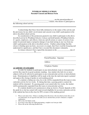 Parental Consent Release Form Example Template