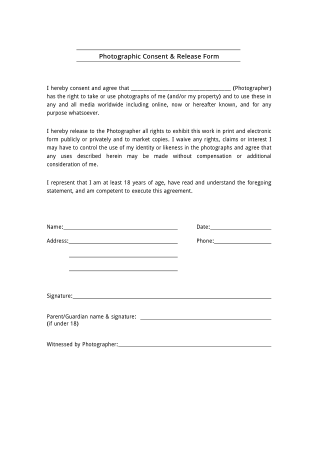 Photographic Consent and Release Form Template