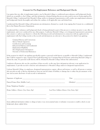 Pre Employment Background Check Consent Form Template