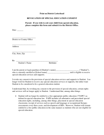 Revocation Special Education Form Template