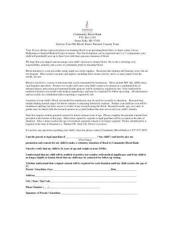 Sixteen Year Old Blood Donor Parental Consent Form Template
