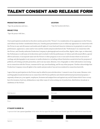 Talent and Consent Release Form Template