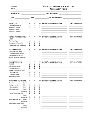 Site Safety Inspection and Hazard Assessment Form Template