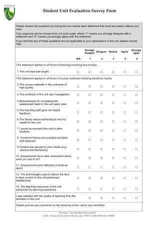 Student Unit Evaluation Survey Form Template