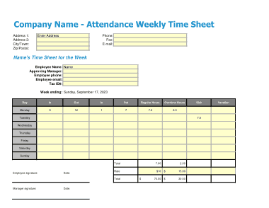 Excel Time Sheet Attendance Template