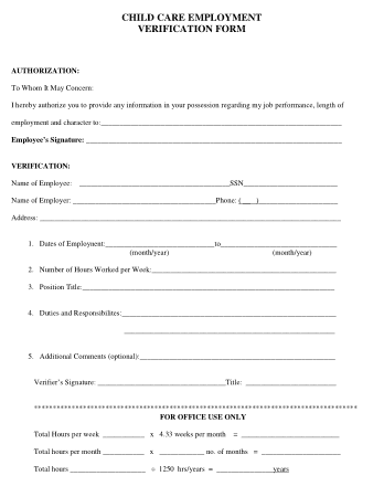 Employment Verification Form For Child Care Template