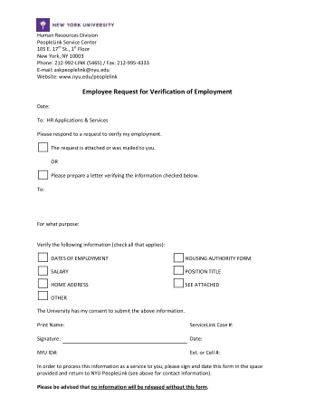 Verification of Employment Request Form Template