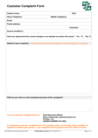 Best Customer Complaint Form For Product Service Template