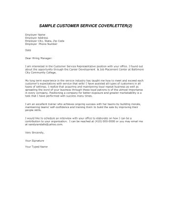 Cover Letter Example For Customer Service Template