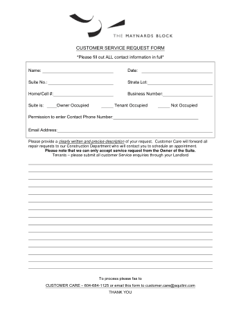 Customer Service Request Form Format Template