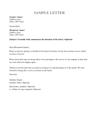 Professional Customer Service Apology Letter Template