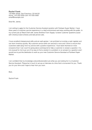 Sample Cover Letter For Customer Service Assistant Template