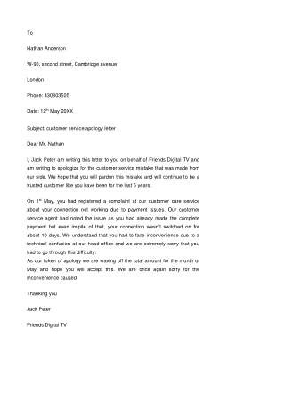 Sample Customer Service Apology Letter Template