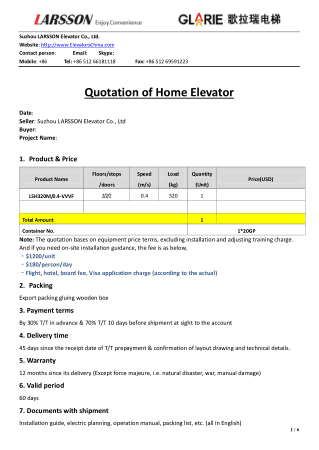 Home Elevator Price Quotation Sample Template