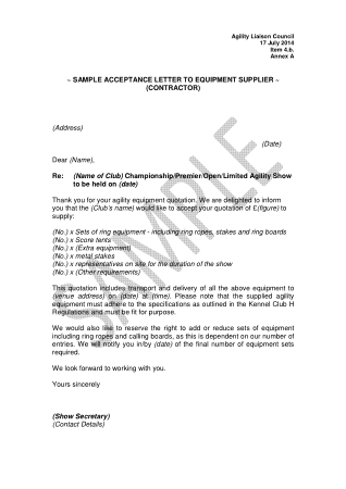 Sample Acceptance Letter to Equipment Supplier Contractor Template
