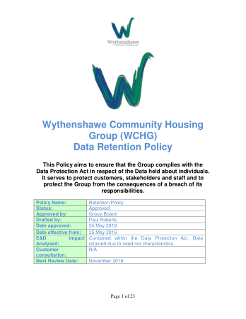 Charity Data Community Retention Policy Template
