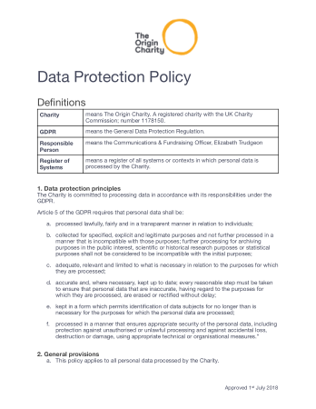 Charity Data Protection Principal Policy Template