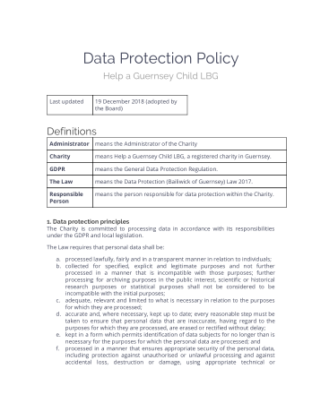 Child Charity Data Protection Policy Template