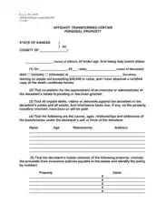 Kansas Small Estate Affidavit Transferring Certain Personal Property Form Template