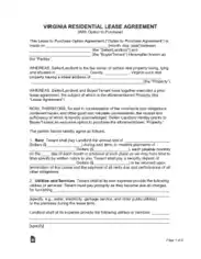 Virginia Lease Agreement With Option To Purchase Form Template