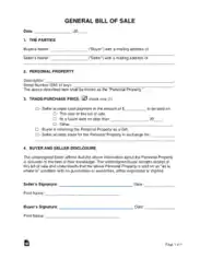 General Personal Property Bill of Sale Form Template