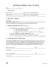 Georgia General Personal Property Bill of Sale Form Template
