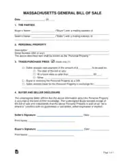 Massachusetts General Personal Property Bill of Sale Form Template
