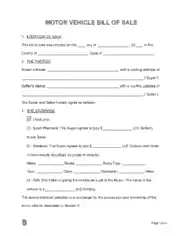 Motor Vehicle Bill of Sale Form Template