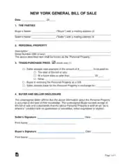 New York General Personal Property Bill of Sale Form Template