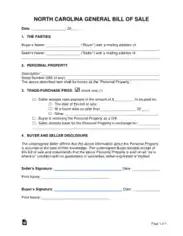 North Carolina General Personal Property Bill Of Sale 1 Form Template