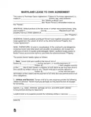 Maryland Lease To Own Option To Purchase Agreement Form Template