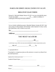 Maryland 30 Day Notice To Quit Noncompliance Form Template