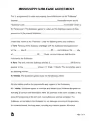 Mississippi Sublease Agreement Form Template