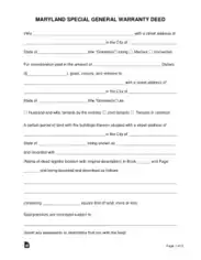 Maryland Special Warranty Deed Form Template